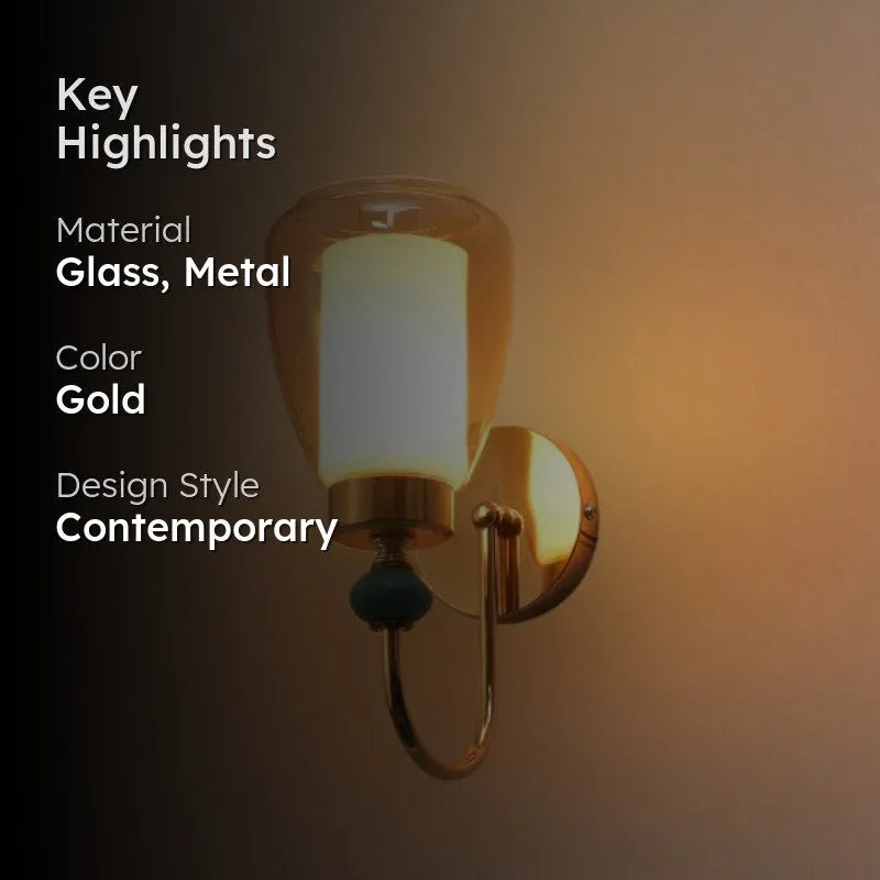 Highlight image of the lit wall lamp with material, colour and style text overlay