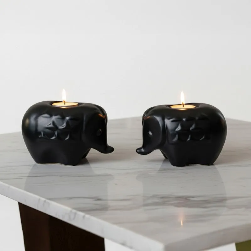 Ebony Elephant Ceramic Tea Light Candle Holders (Black) - Set Of Two media 3