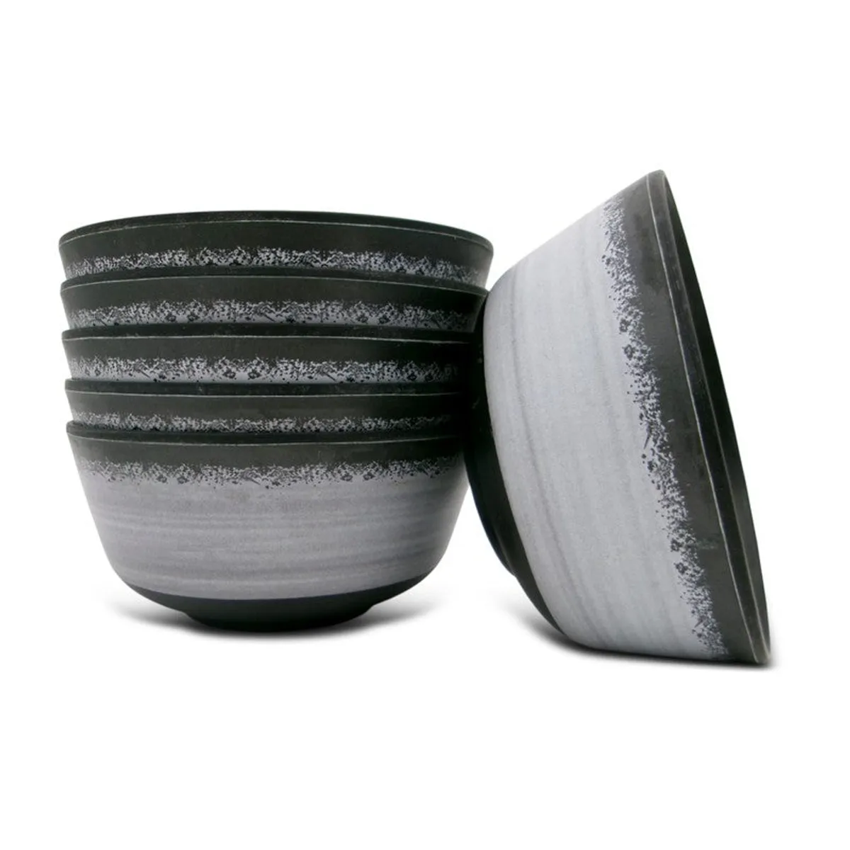 Two black and grey bowls displayed together, one tilted beside the other