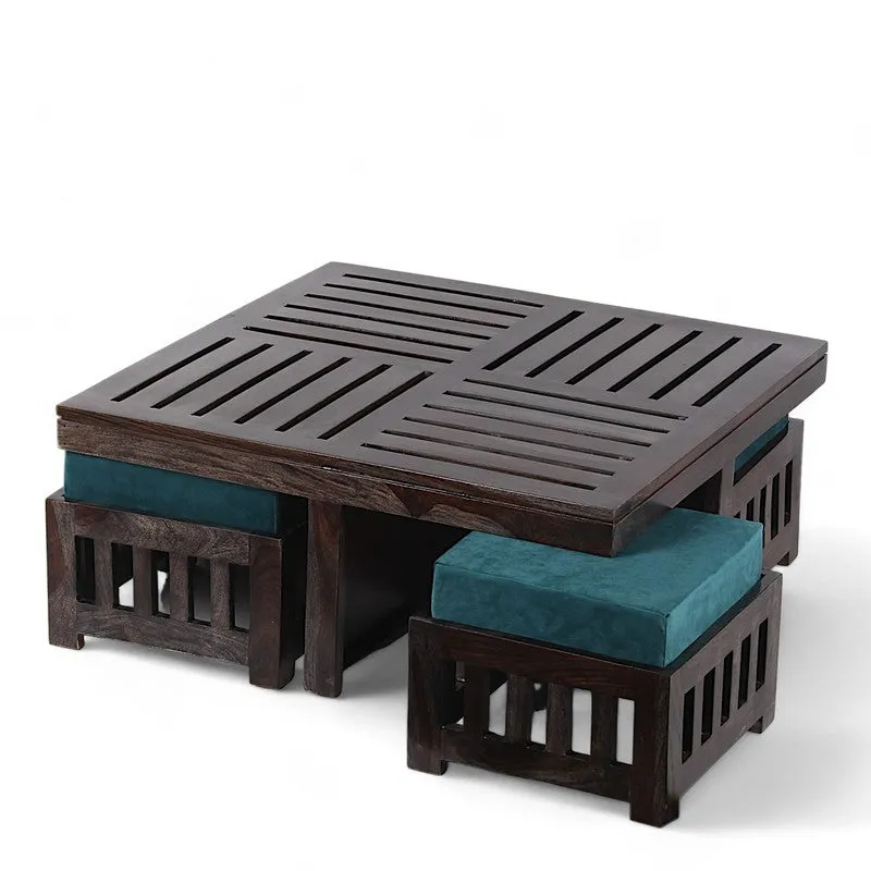 Hexiron Sheesham Wooden Center Table with Stools and Cushions (Brown,Blue) - Nine Piece Set media 6