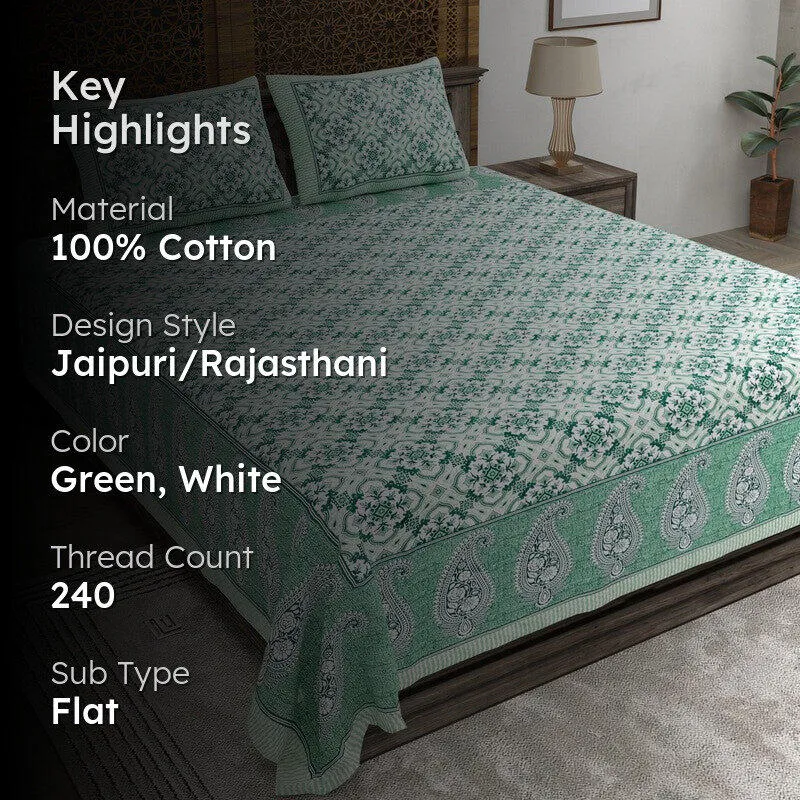 Lineel Cotton Bedsheet (Green,White) - 240 TC media 2