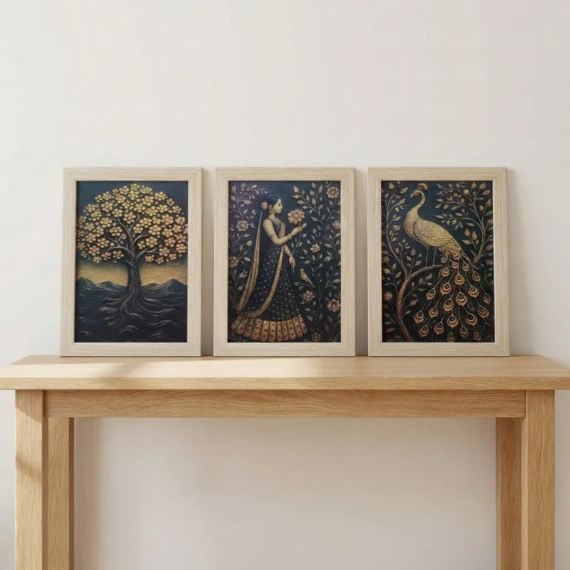 Peacock Reverie Heritage Wall Painting With Frame - Set Of Three media 3