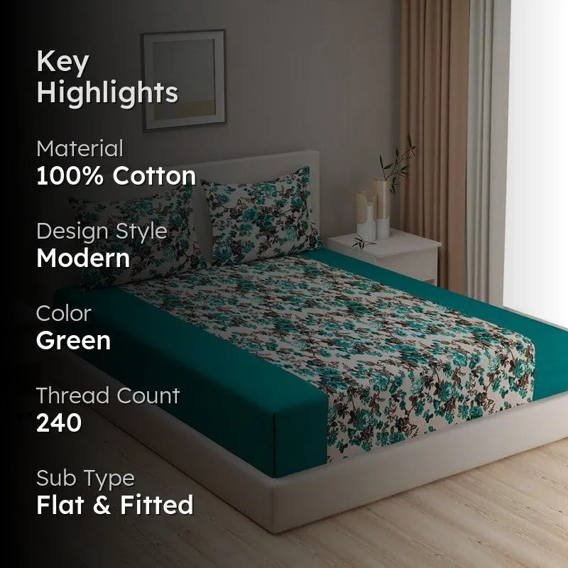 Floral bedsheet displayed on a bed in a neutral bedroom setting