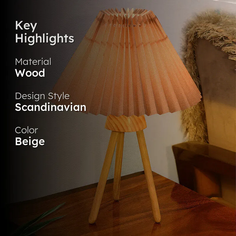 French Pleat Tripod Wooden Table Lamp - Beige media 2
