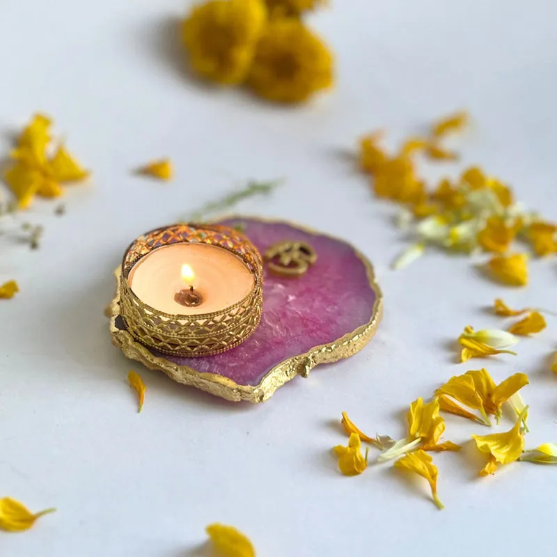 Om Handcrafted Agate Tealight Candle Holder - Pink media 3