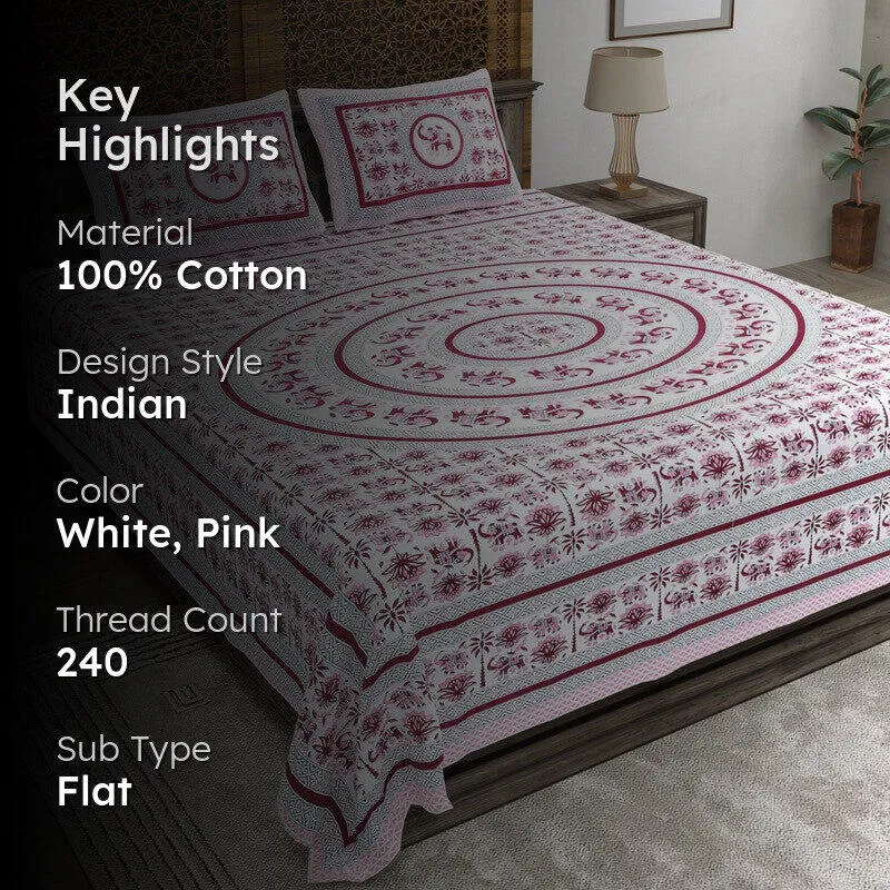 Petalel Cotton Bedsheet (White,Pink) - 240 TC media 2