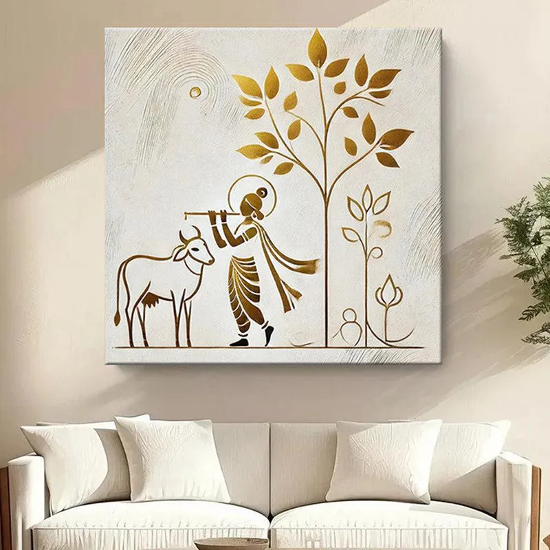 Golden Krishna And Cow Wall Painting media 1