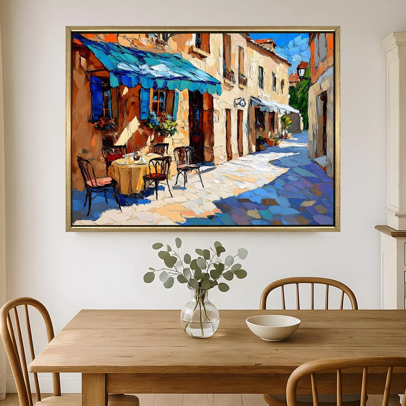 Sunlit Cafe Lane Canvas Wall Painting With Frame