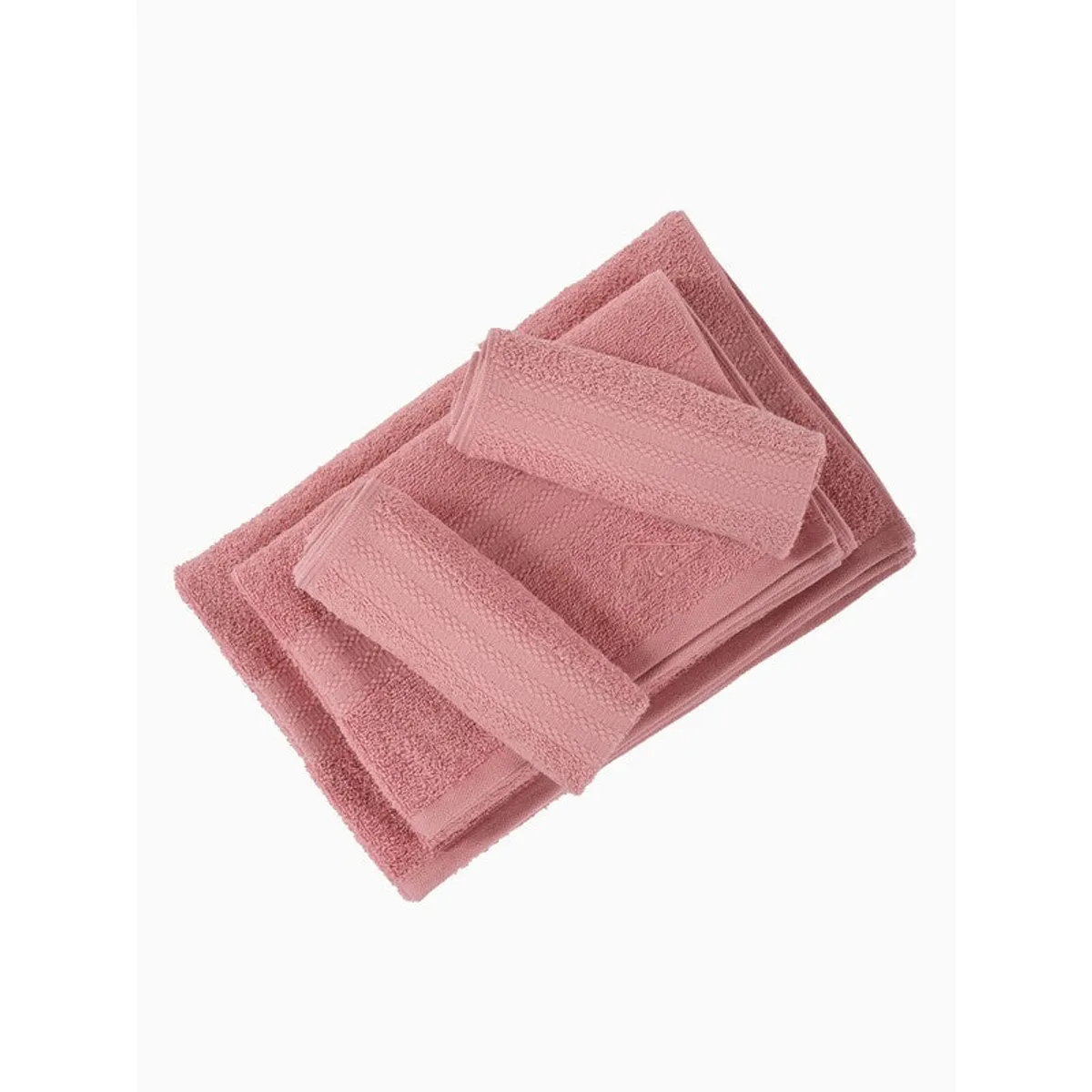Pink four-piece towel set arranged in an overlapping stack