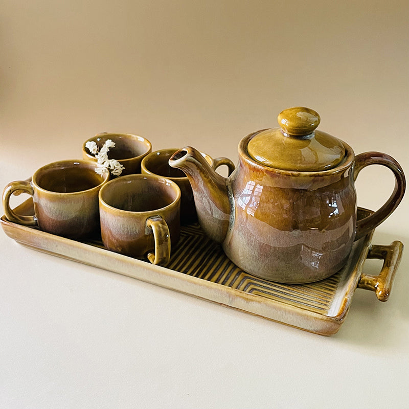 Solace Brew Ceramic Tea Set With Tea Pot & Tray (650 mL/160 mL) - Six Piece Set media 4