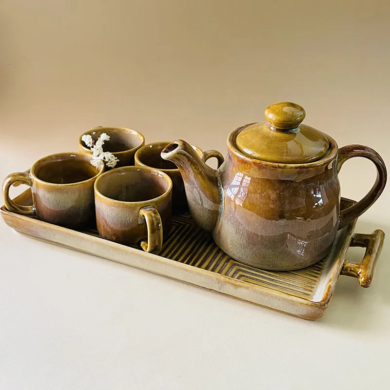 Solace Brew Ceramic Tea Set With Tea Pot & Tray (650 mL/160 mL) - Six Piece Set media 4