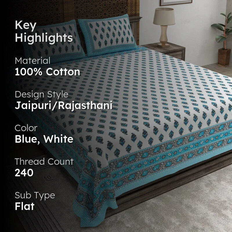 Bloomza Cotton Bedsheet (Teal,White) - 240 TC media 2