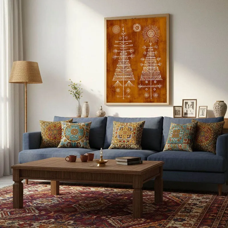 FolkHaven Warli Inspired Canvas Wall Painting With Brown Frame media 6