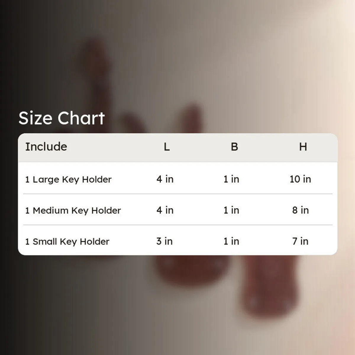 Size chart graphic showing three guitar-shaped key holders