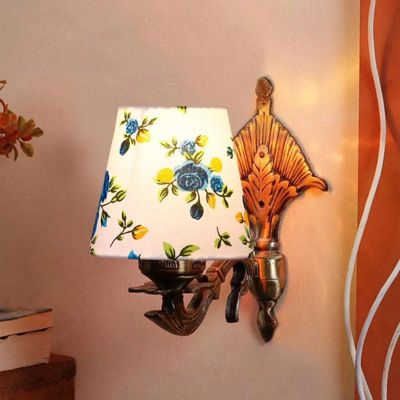 Magda Masique Blue Fleur Conical Fabric & Metal Wall Lamp media 1
