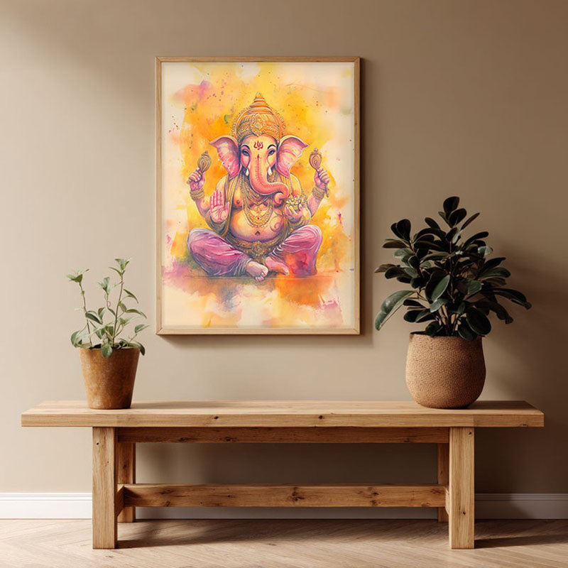 Divine Vakratunda Spiritual Archival Paper Wall Painting - Natural Brown Frame