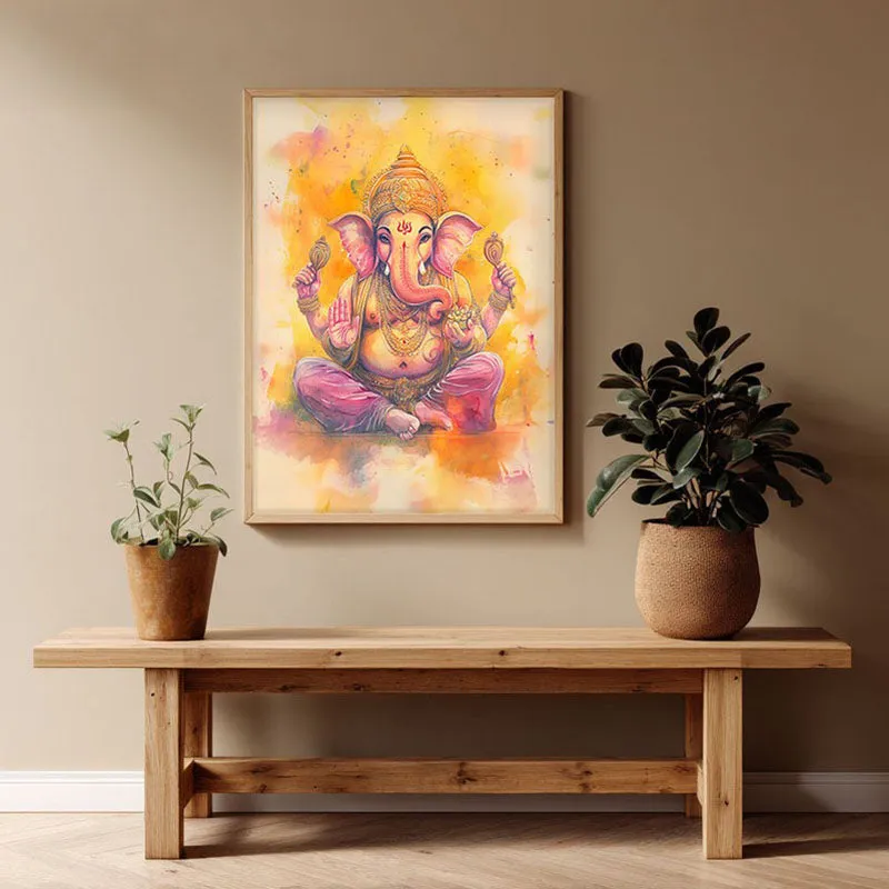 Divine Vakratunda Spiritual Archival Paper Wall Painting - Natural Brown Frame media 1