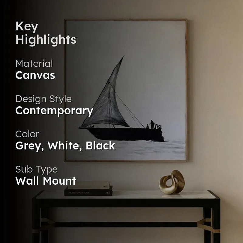 Styled room image of monochrome ship wall art above a console