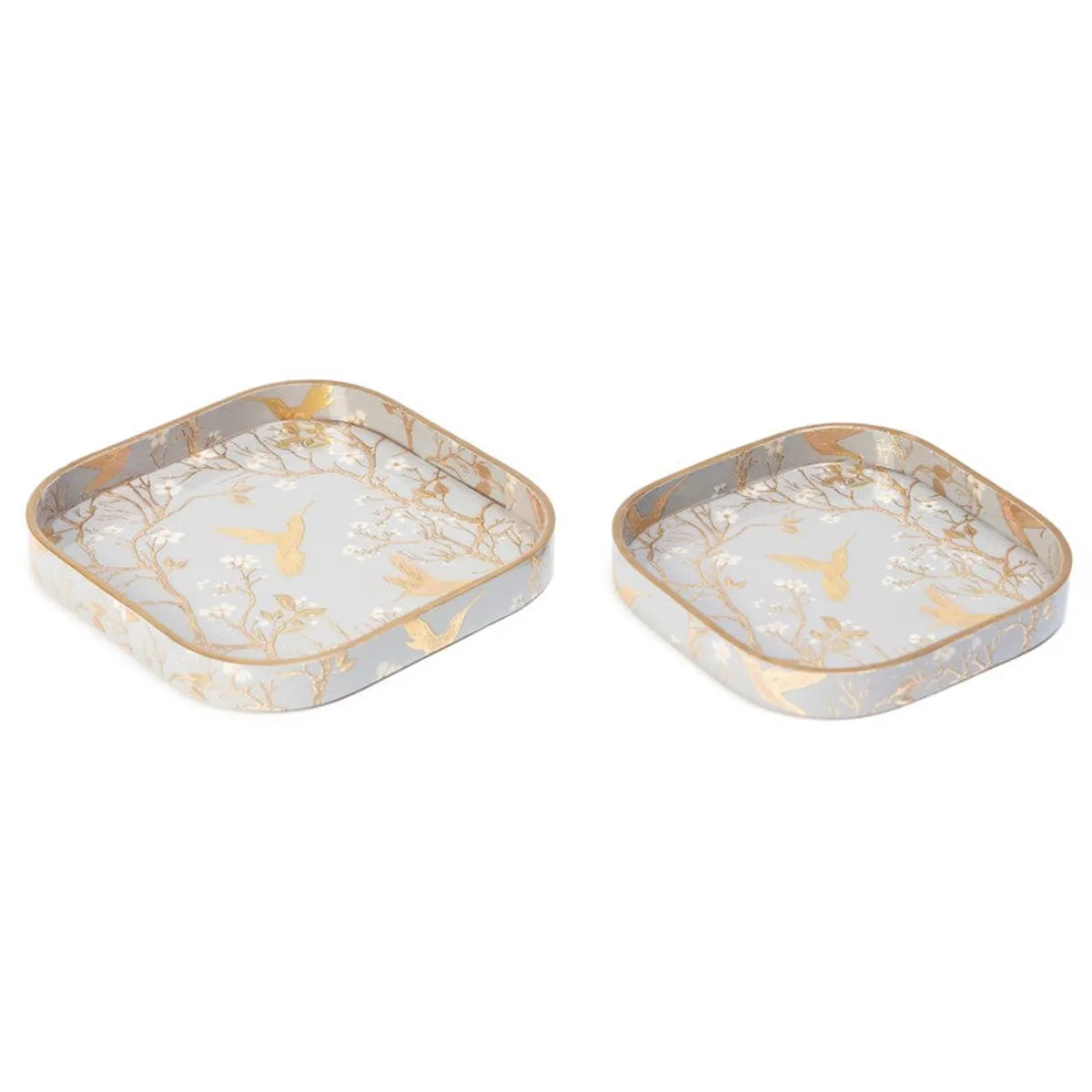 Two matching grey decorative serving trays displayed side by side