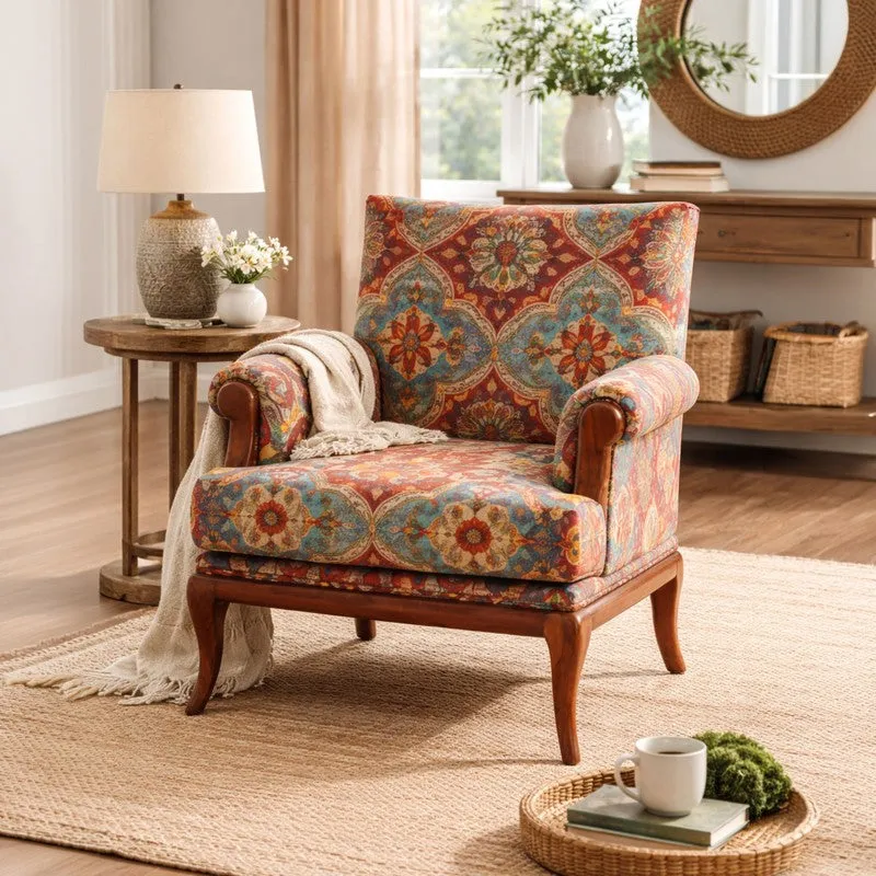 Aristora Teak Wood & Velvet Lounge Chair media 1