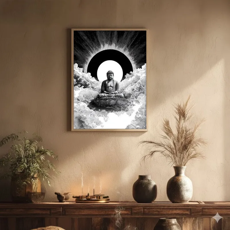 Buddha Calm Aura Wall Painting With Brown Frame media 1