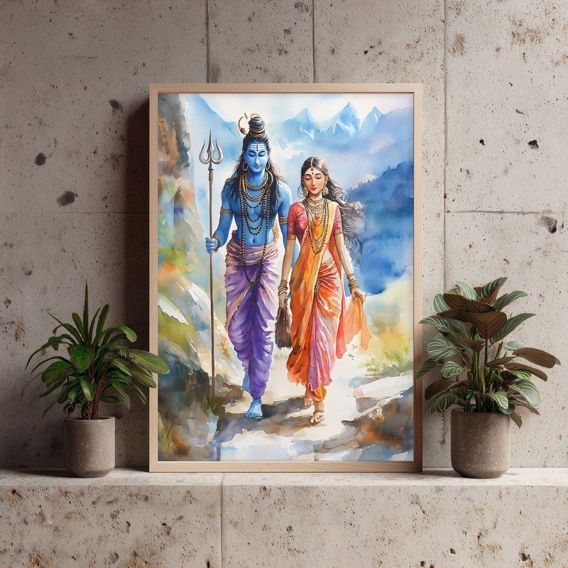 Uma Maheshwara Spiritual Archival Paper Wall Painting - Natural Brown Frame media 3