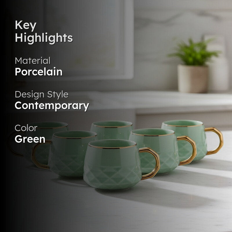 Luxesip Porcelain Tea Cup (200 mL Each,Green) - Set Of Six media 2