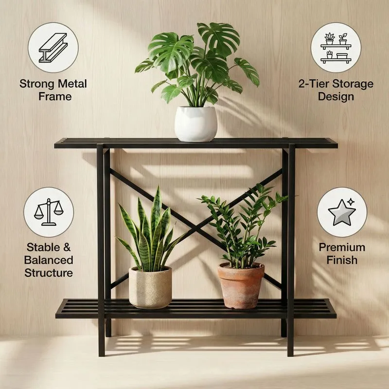 Contemporary black two-tier stand with potted plants beside a sofa
