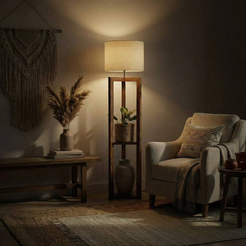 Corintha Shelf Wooden Floor Lamp with Fabric Shade media 3
