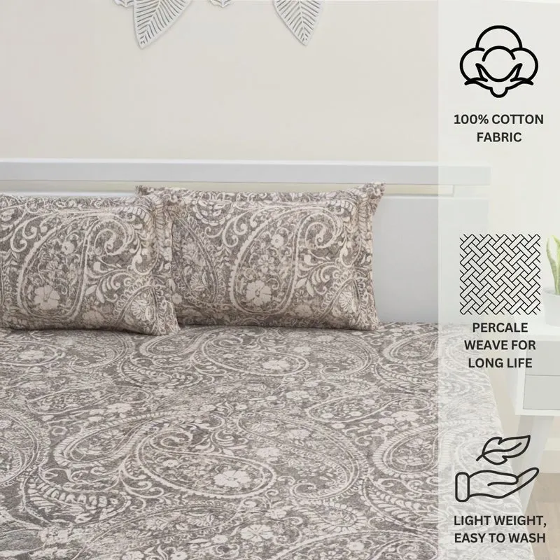 Paisley Nights Cotton Bedsheet (Beige, Grey) - 144 TC media 3