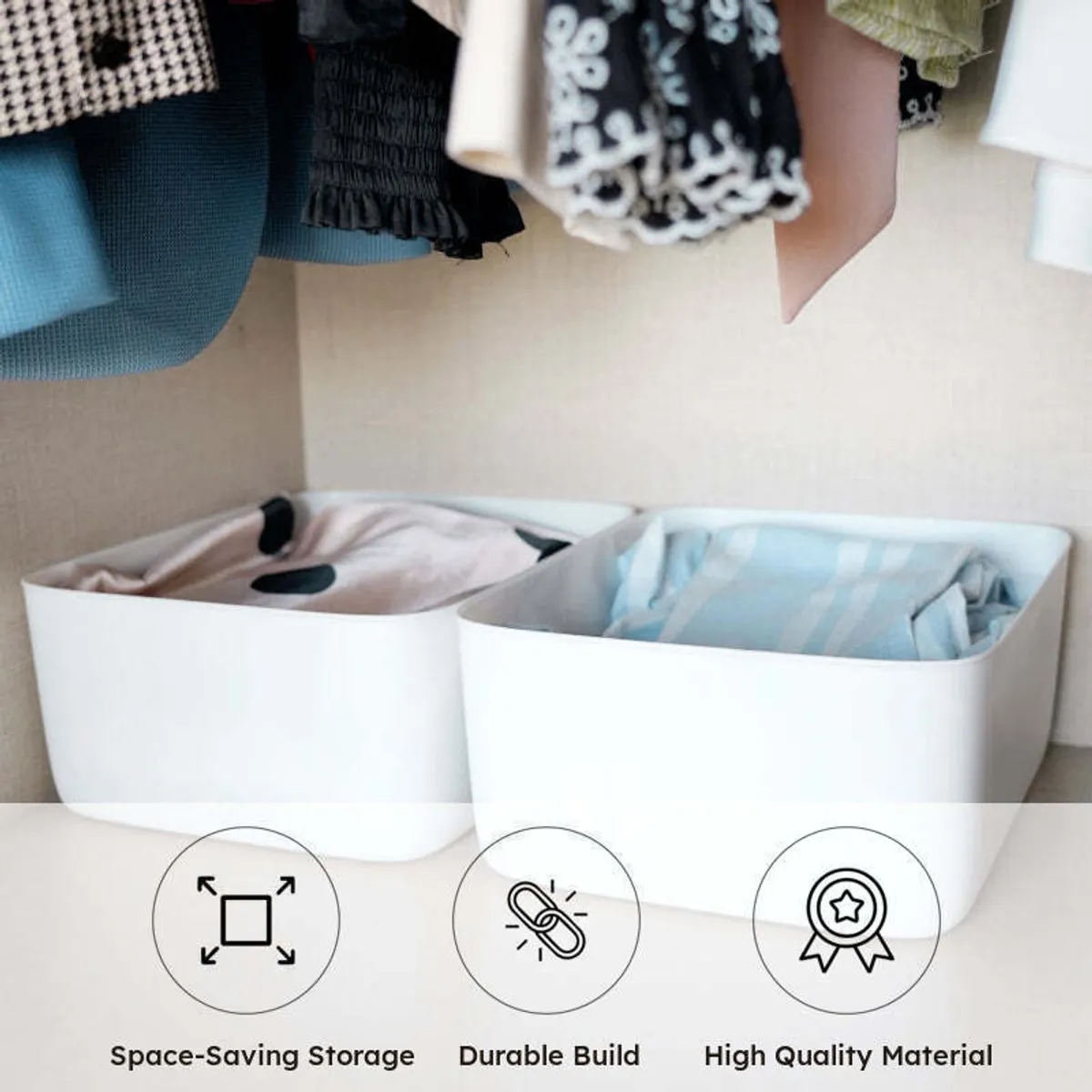Two white baskets shown with space-saving and durable-build icons