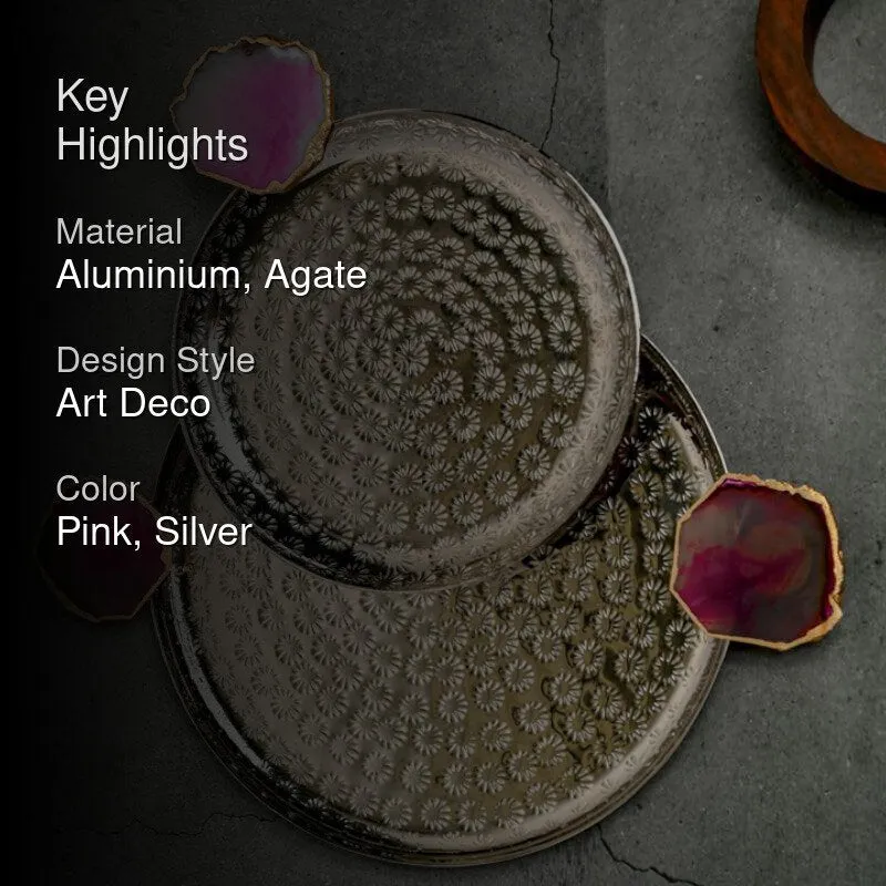 Samitha (Aluminum,Agate) Platter With Agate Decoration (Pink) - Set of Two media 2