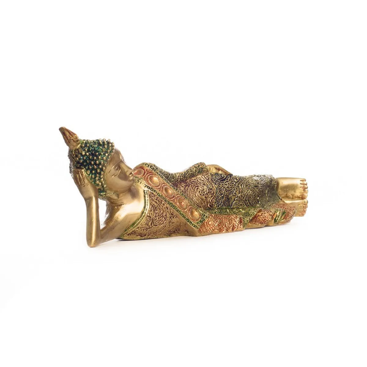 Angled side view of a reclining Buddha idol with detailed robe