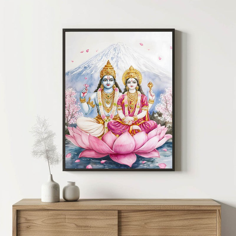 Lakshminarayana Spiritual Archival Paper Wall Painting With Frame - Black