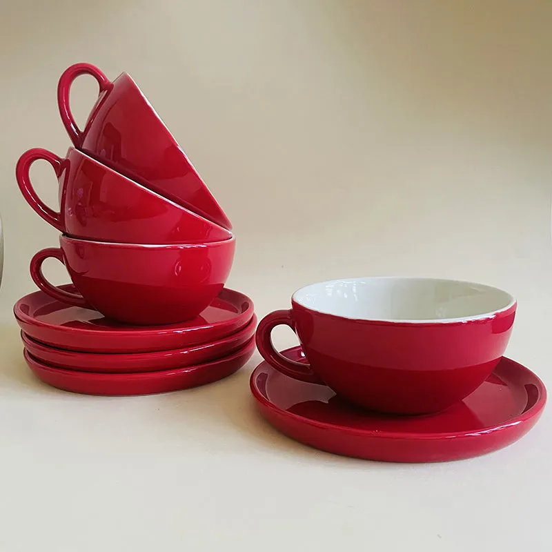 Elegant Red Ceramic Cup & Saucer (240 mL) - Eight Piece Set media 6