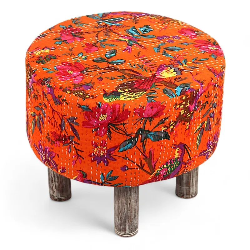 Rverix Acacia Wooden Ottomans (Orange) - Set Of Two media 3
