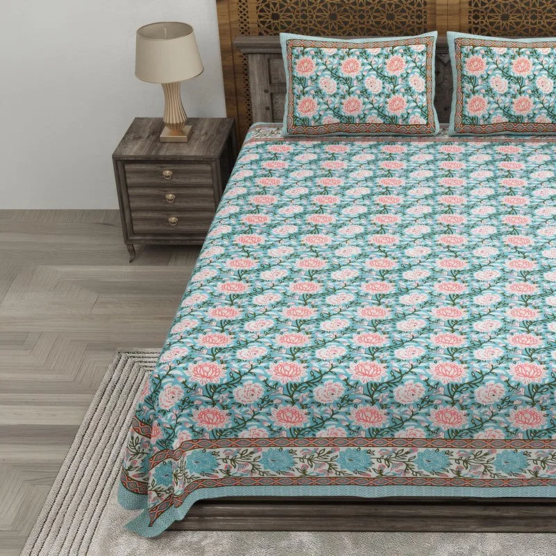 Bloomo Cotton Bedsheet (Blue,Peach) - 240 TC media 3