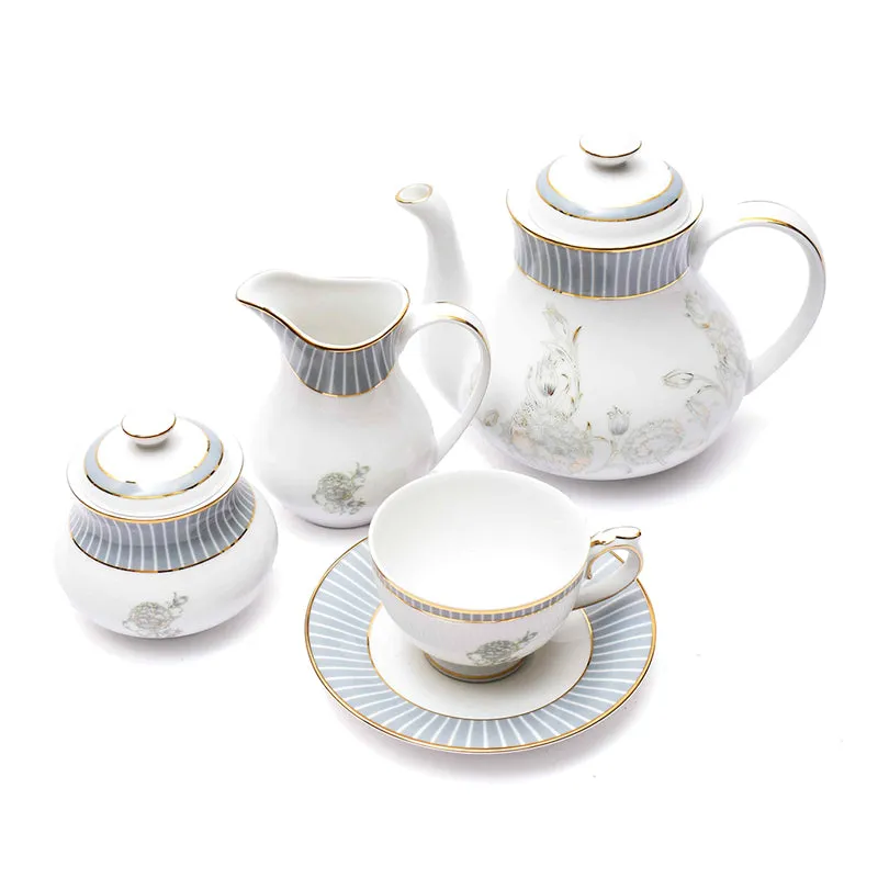 Gilded Iris 24k Gold Brushed Porcelain Tea Set With Tea Pot (Grey) - Seventeen Piece Set media 4