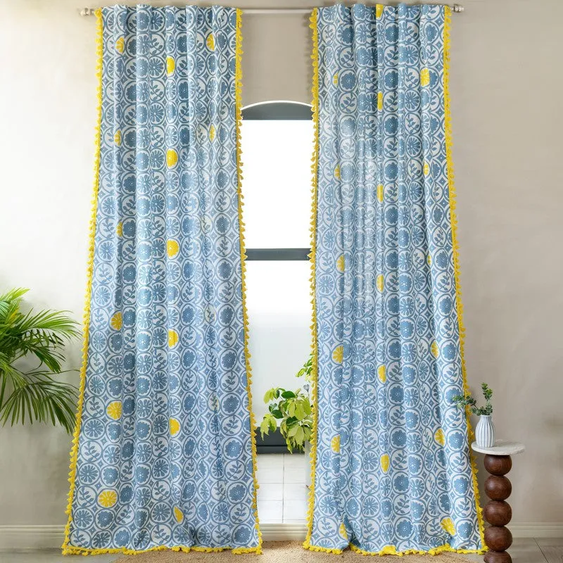 Tranquebar Home Bloom Haven Cotton Curtains(Blue) - Set Of Two media 3
