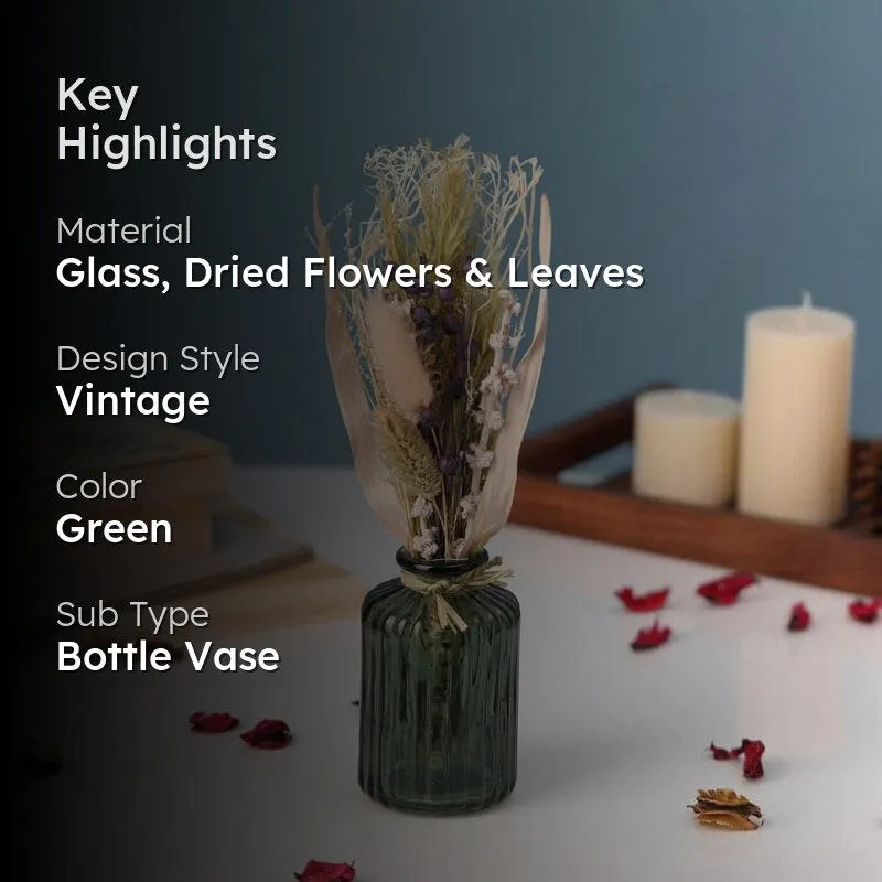 Vintage Green Glass Bottle Vase With 2 Dry Floral Sticks media 2