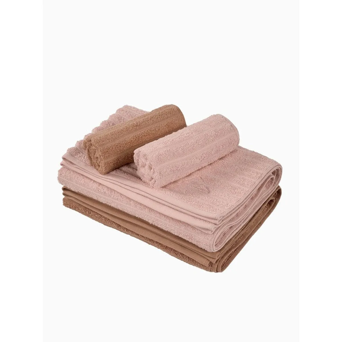 Stacked peach and brown towel set on a white background