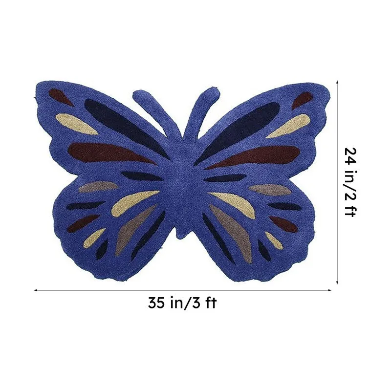 Butterfly-shaped blue carpet with dimension arrows on white background