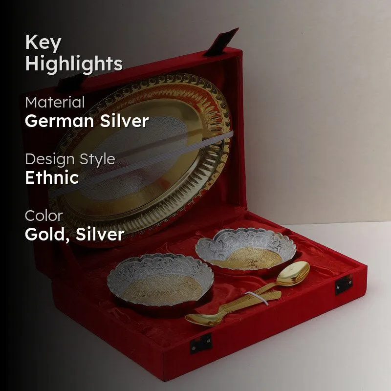 Decorative bowl set in red case with gold and silver finish