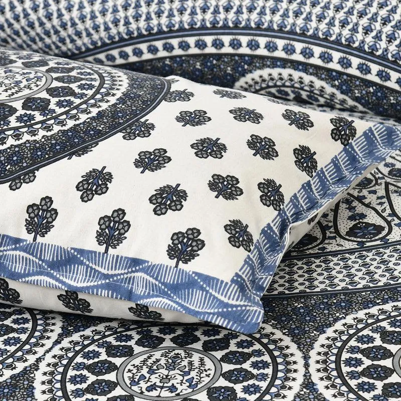 Aavani Ethnic Cotton Flat Bedsheet (White & Blue) - 160 TC media 5