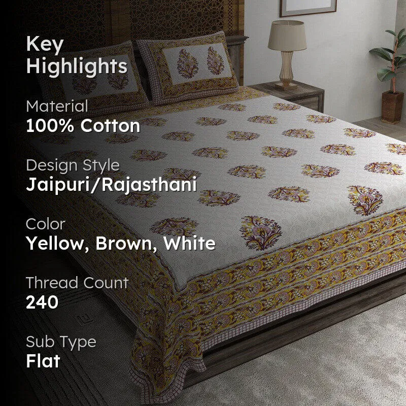 Vineel Cotton Bedsheet (Yellow,Brown,White) - 240 TC media 2
