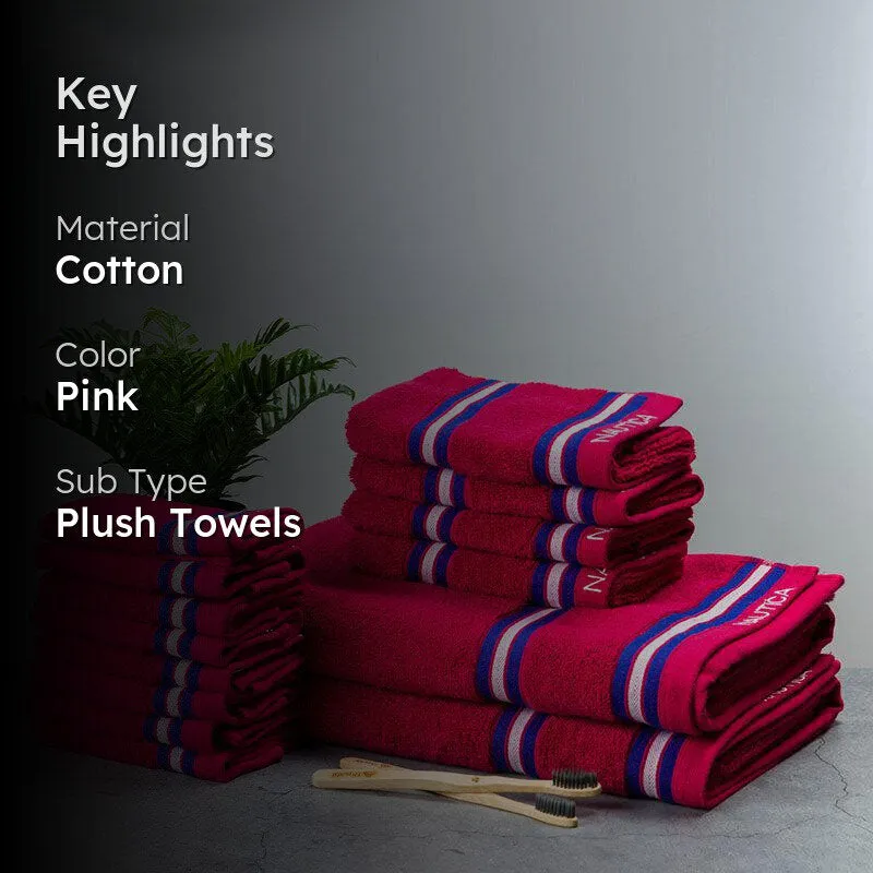 Pink towel set displayed together with its soft textured finish visible.