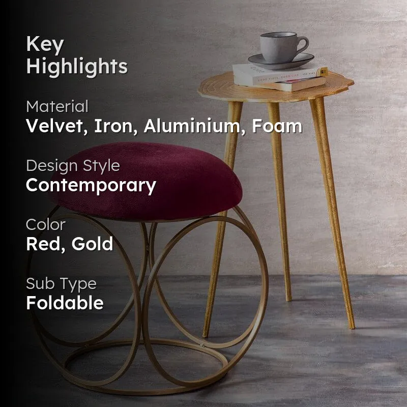 Red velvet stool and gold accent table shown with highlight text overlay