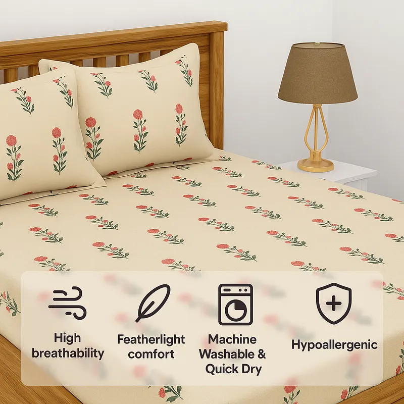 Larks Floral Microfiber Bedsheet (Cream) - 110 GSM media 6
