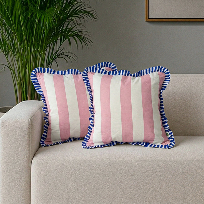 Stripe II Cotton Cushion Cover (Pink) - Set Of Two - 16 x 16 Inches