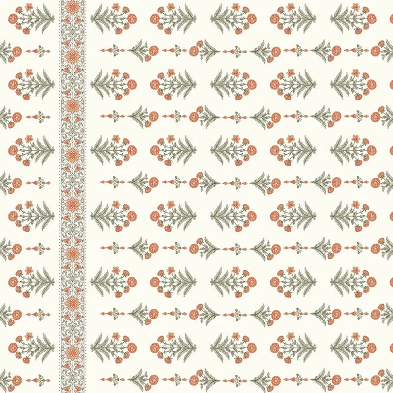 Detailed view of the off-white curtain fabric with repeating floral motifs